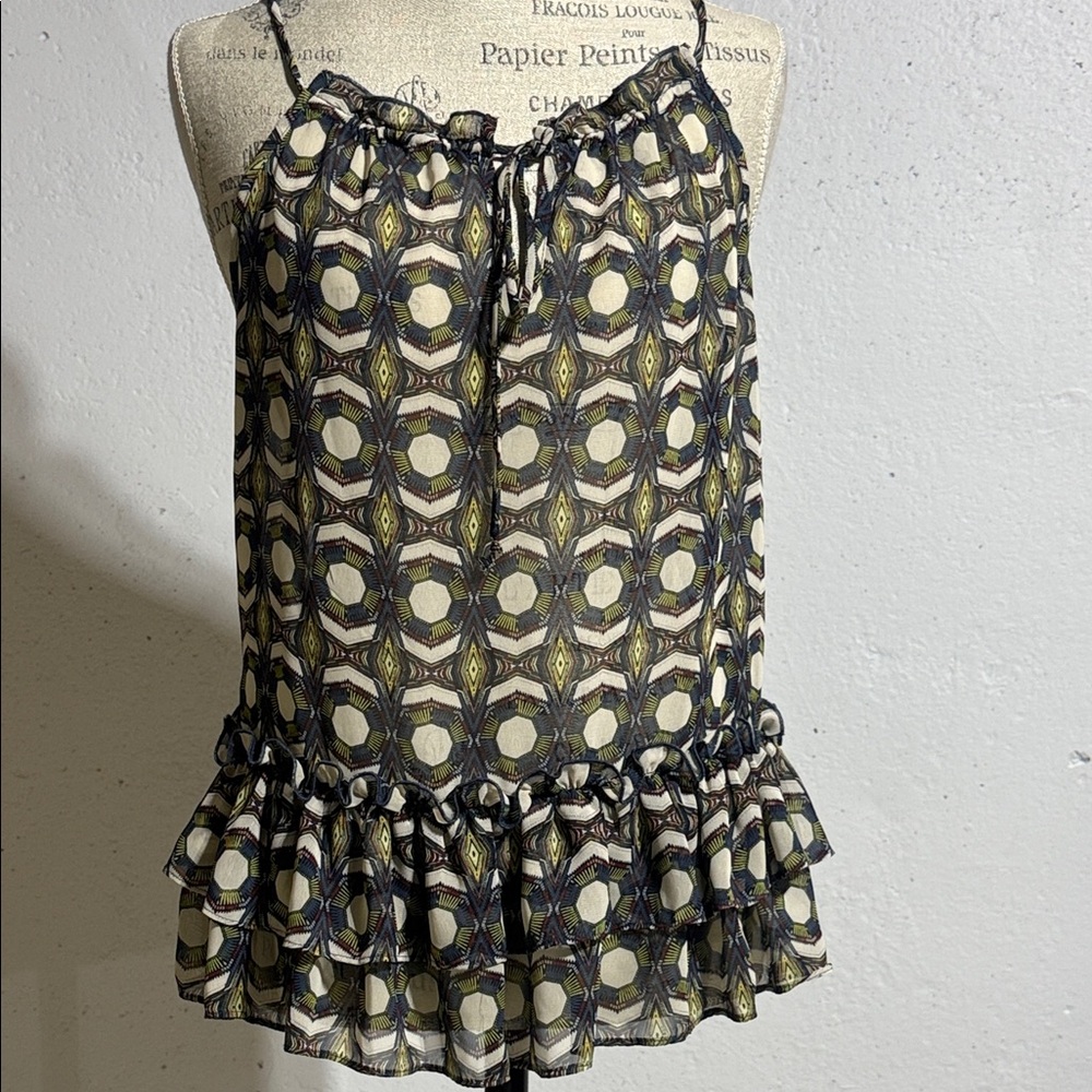 🛍️Ro & De Geometric Print Ruffle Blouse - Black and Cream